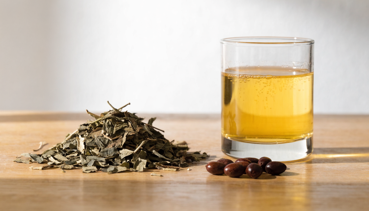 Feuilles de yerba maté et graines de guarana à côté d'un verre de boisson énergisante naturelle