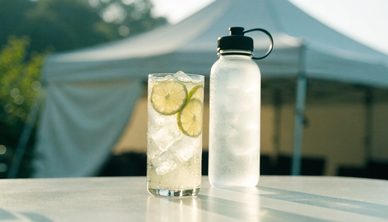 Verre de boisson electrolytes avec glacons et citron vert dans une ambiance de festival