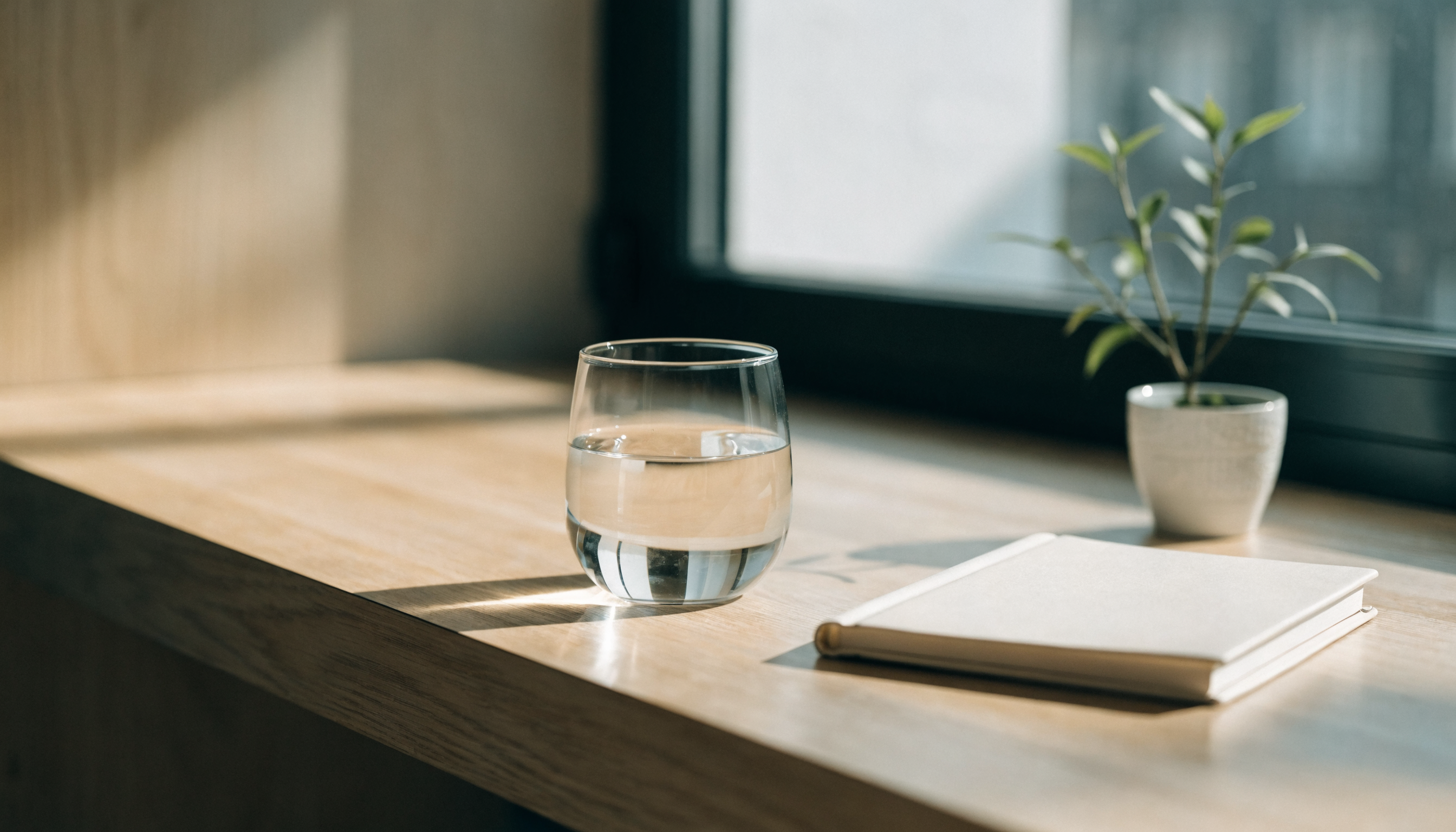 Bureau lumineux près d'une fenêtre avec un verre d'eau et un carnet fermé