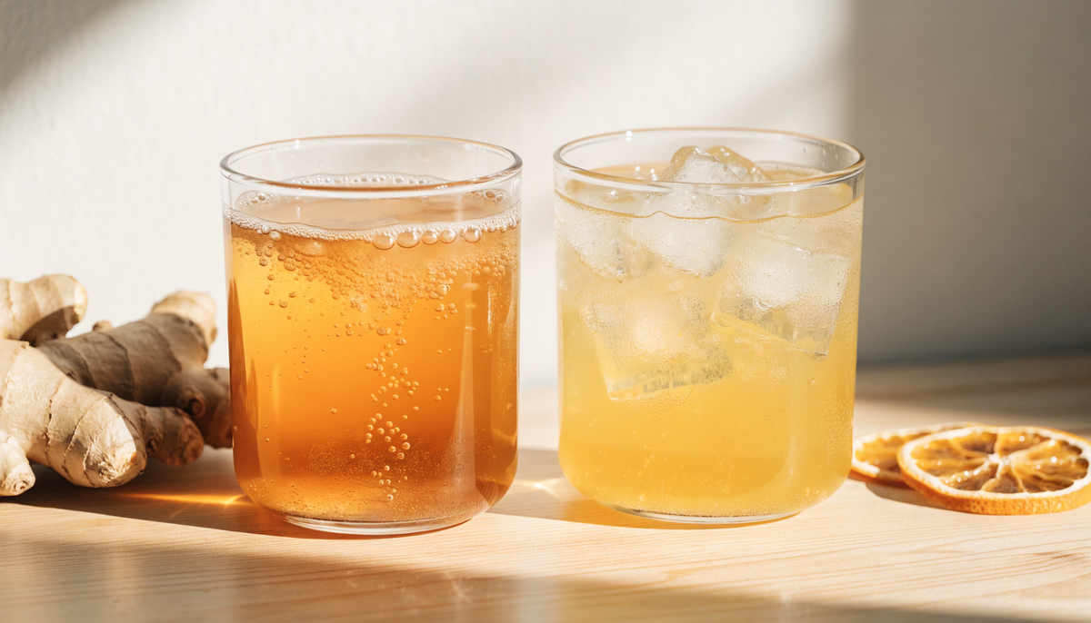 Verre de kombucha pétillant à côté d'un verre de boisson énergisante naturelle avec glaçons