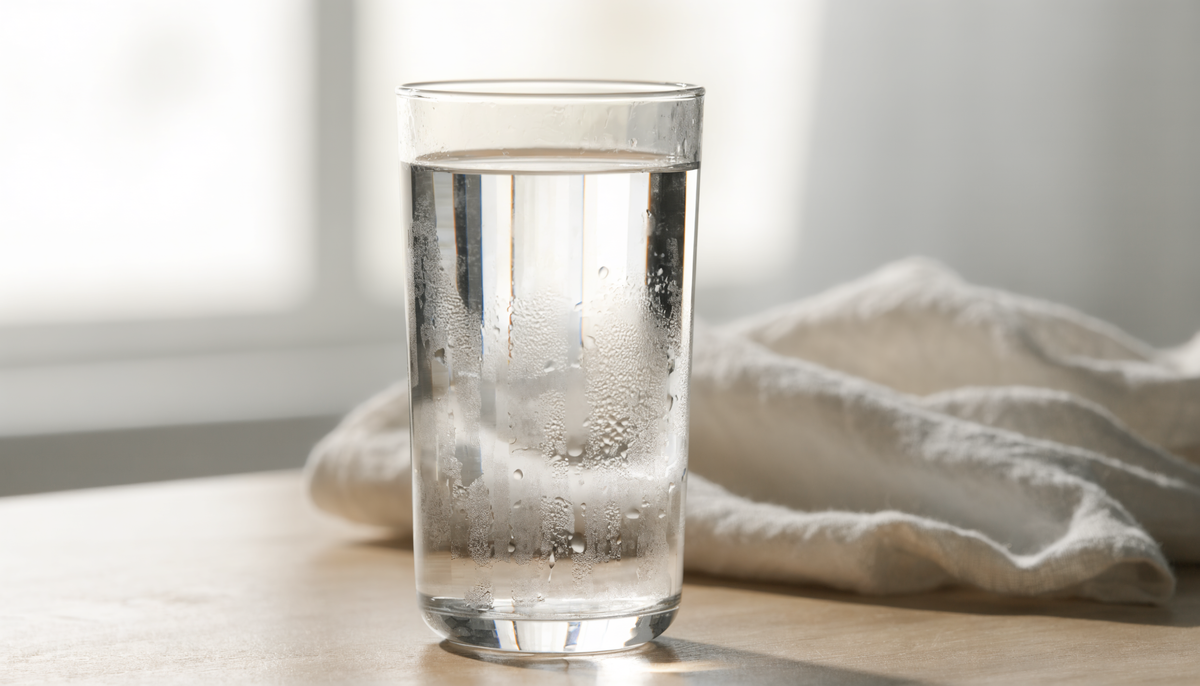 Verre d'eau fraîche posé sur une table en bois clair à la lumière du jour